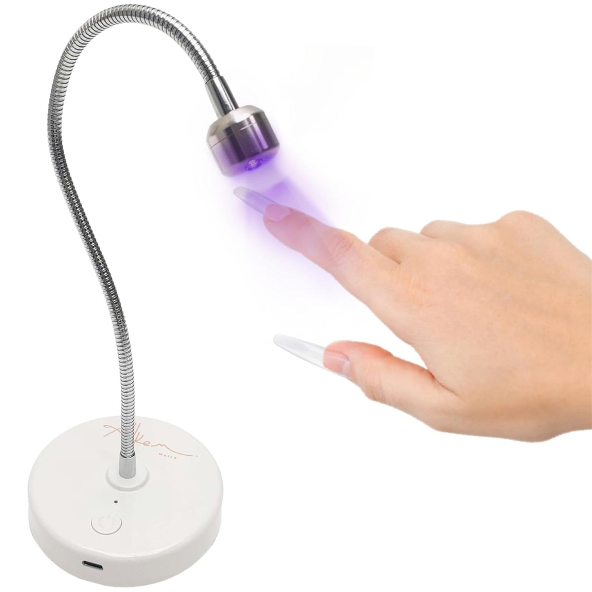 ALLKEM portable gooseneck nail lamp in silver angle for precise cures