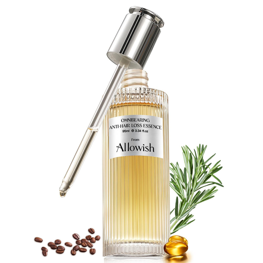 ALLOWISH Hair Growth Serum bottle pour with rosemary infusion for thicker-looking hair