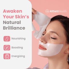 AllSett Health Bio Collagen Face Mask hydrogel sheet closeup highlighting probiotic formula.