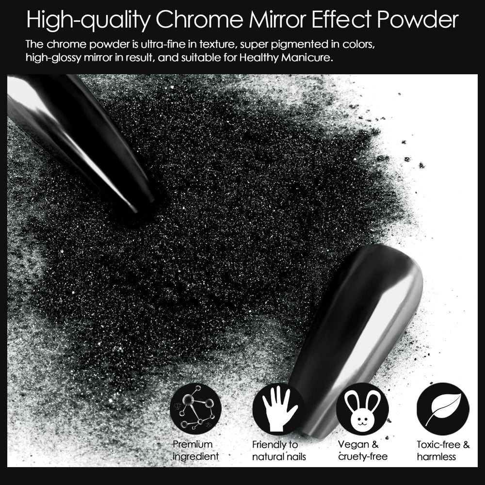 Allstarry chrome nail powder being applied on nails demonstrates easy blending on gel and acrylic.