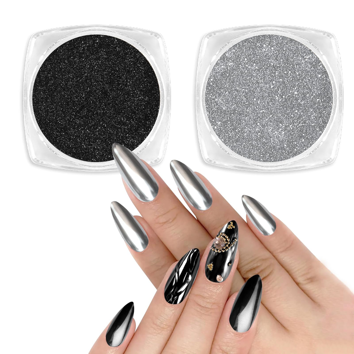 Allstarry chrome nail powder in black-silver mirror finish shown in a jar for a dramatic nail look.