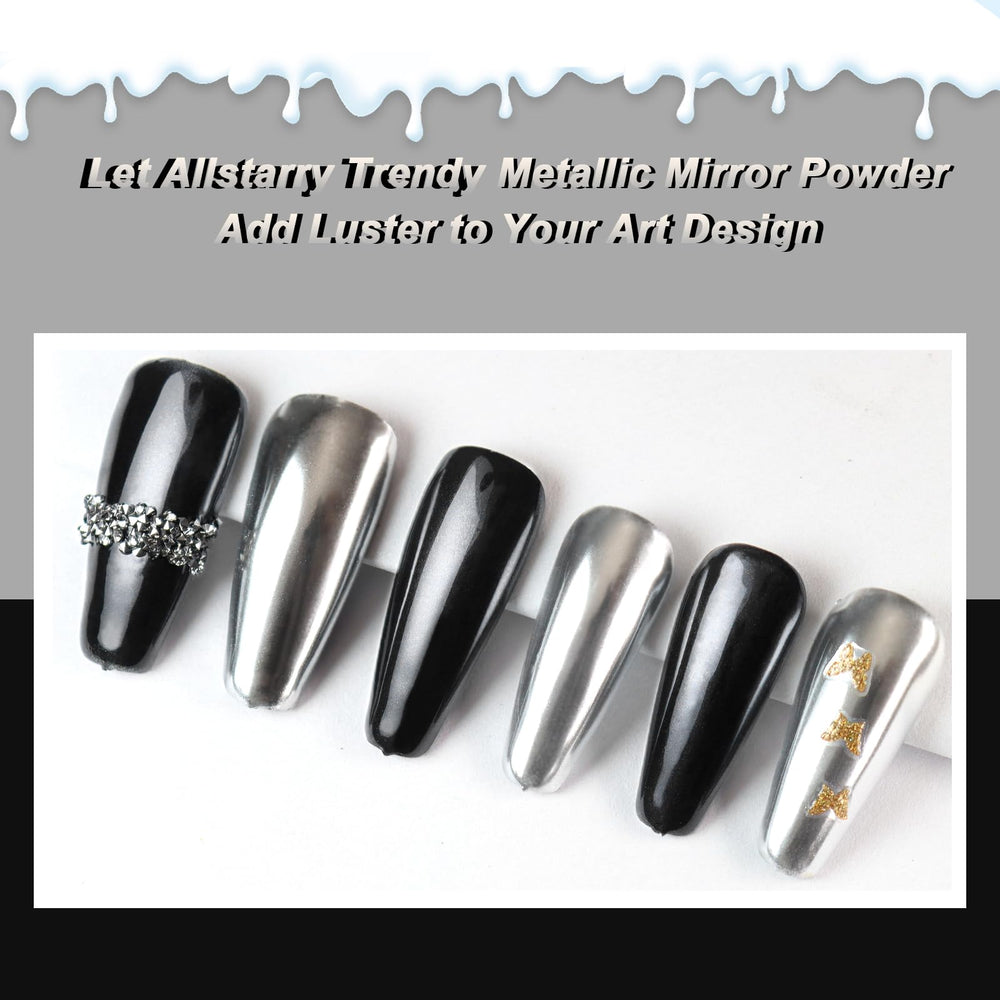 Allstarry chrome nail powder swatches in black and silver show shimmering effect.