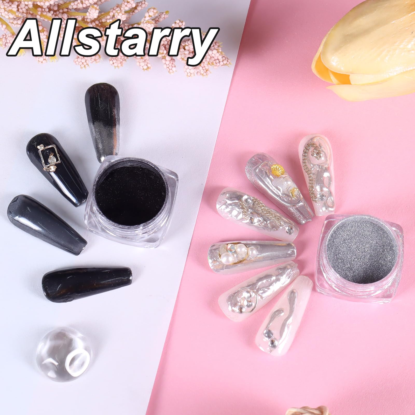 Allstarry chrome powder applies seamlessly to UV gel nails for a reflective chrome look.