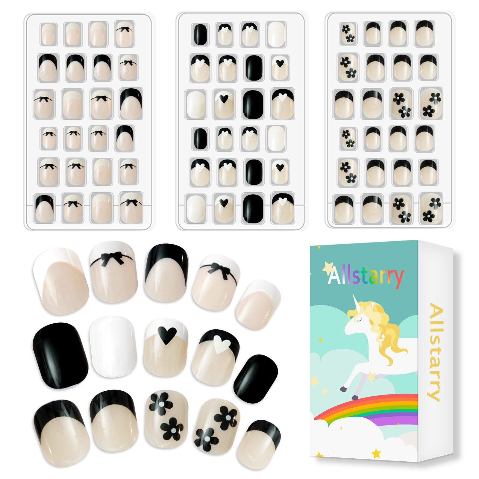 Allstarry kids press-on nails open pack showcasing pre-glue design for quick, mess-free application.