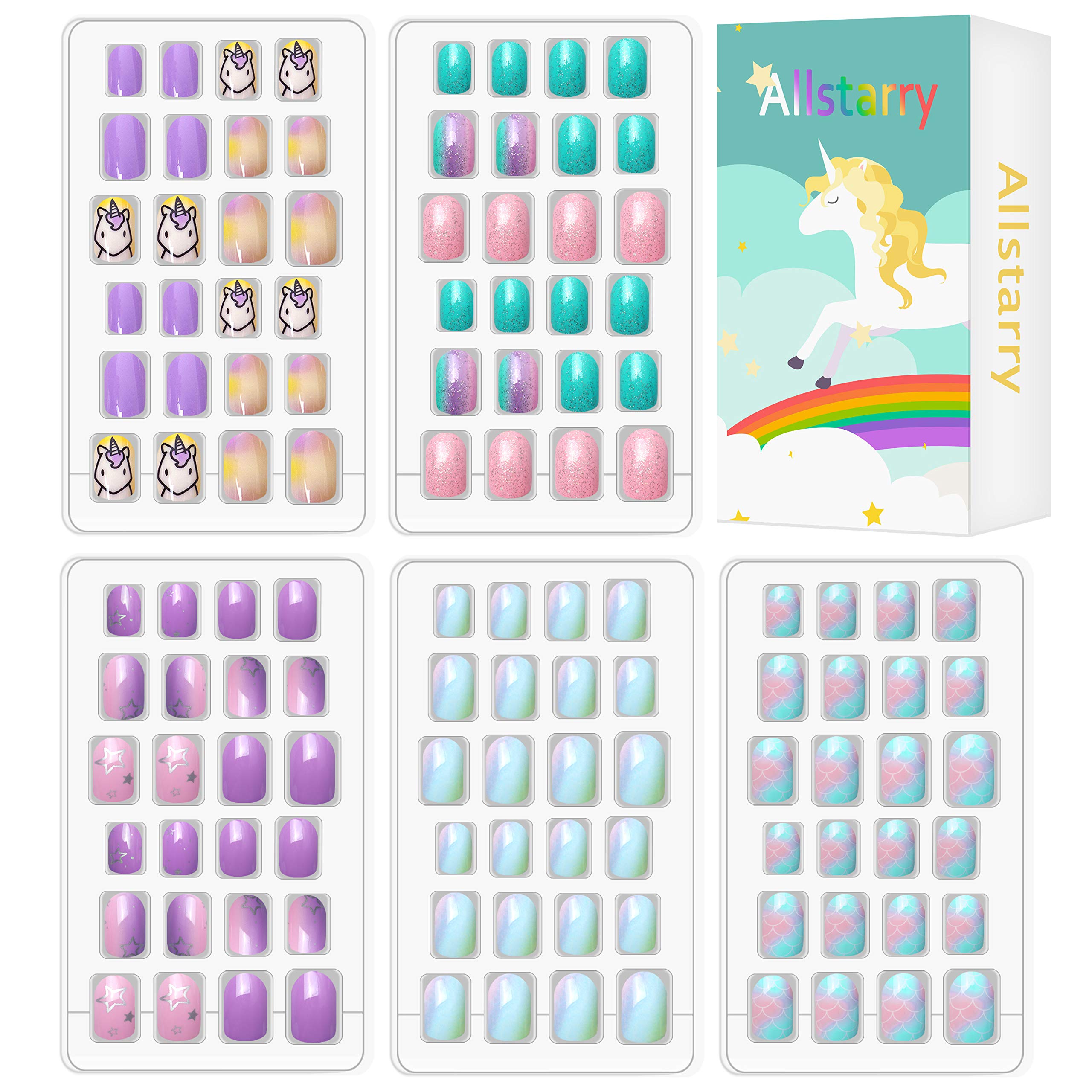 Allstarry kids press-on nails with purple unicorn design for quick, fun nail art.