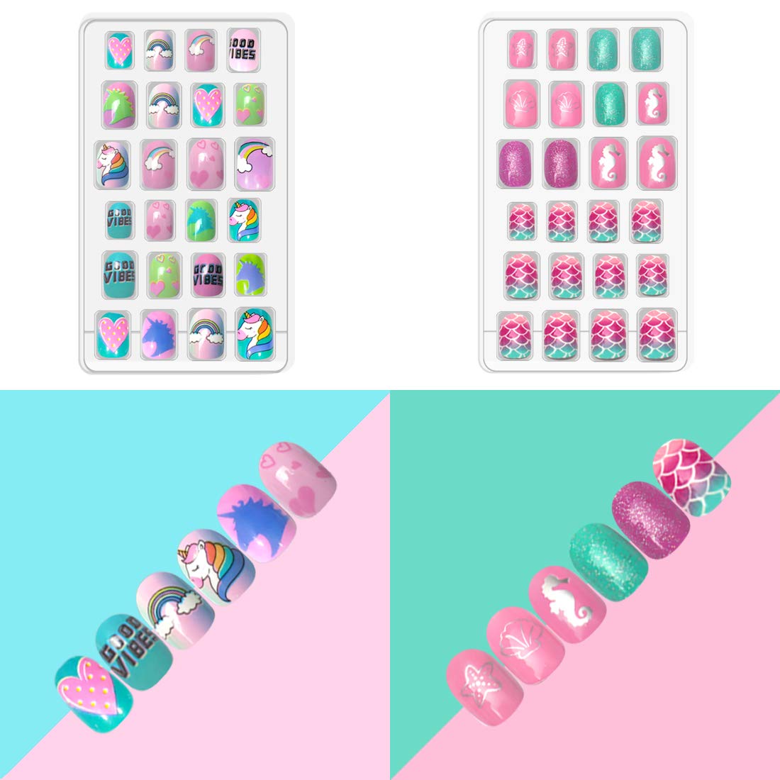 Allstarry mermaid unicorn design nails evoke magical looks for playtime.