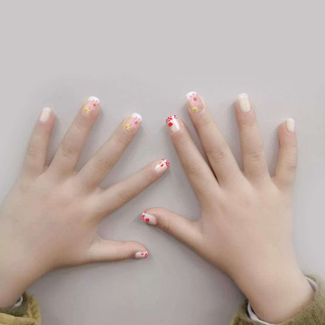 Allstarry nails press-on French kids flowers collection close-up shows varied sizes for small fingers