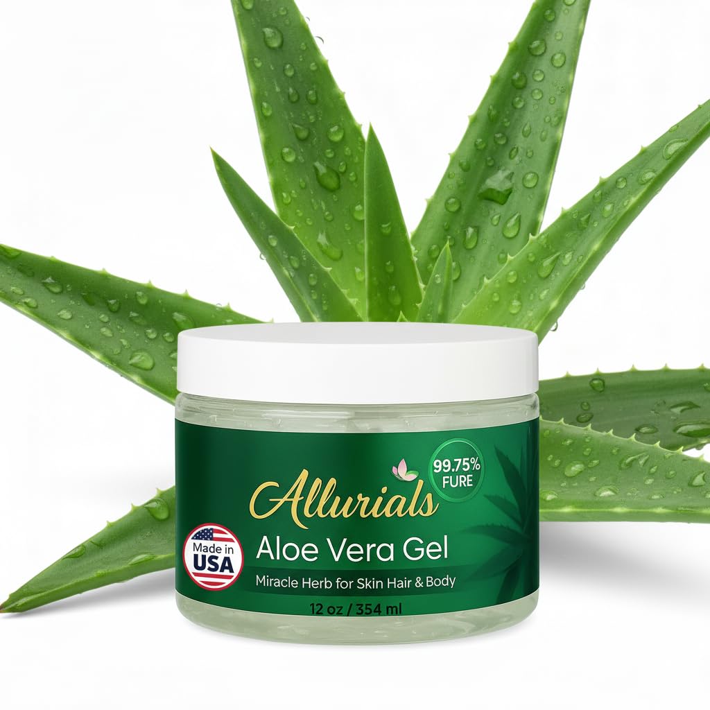 Allurials Aloe Vera Gel 12oz jar provides daily skin hydration with a light, refreshing feel.