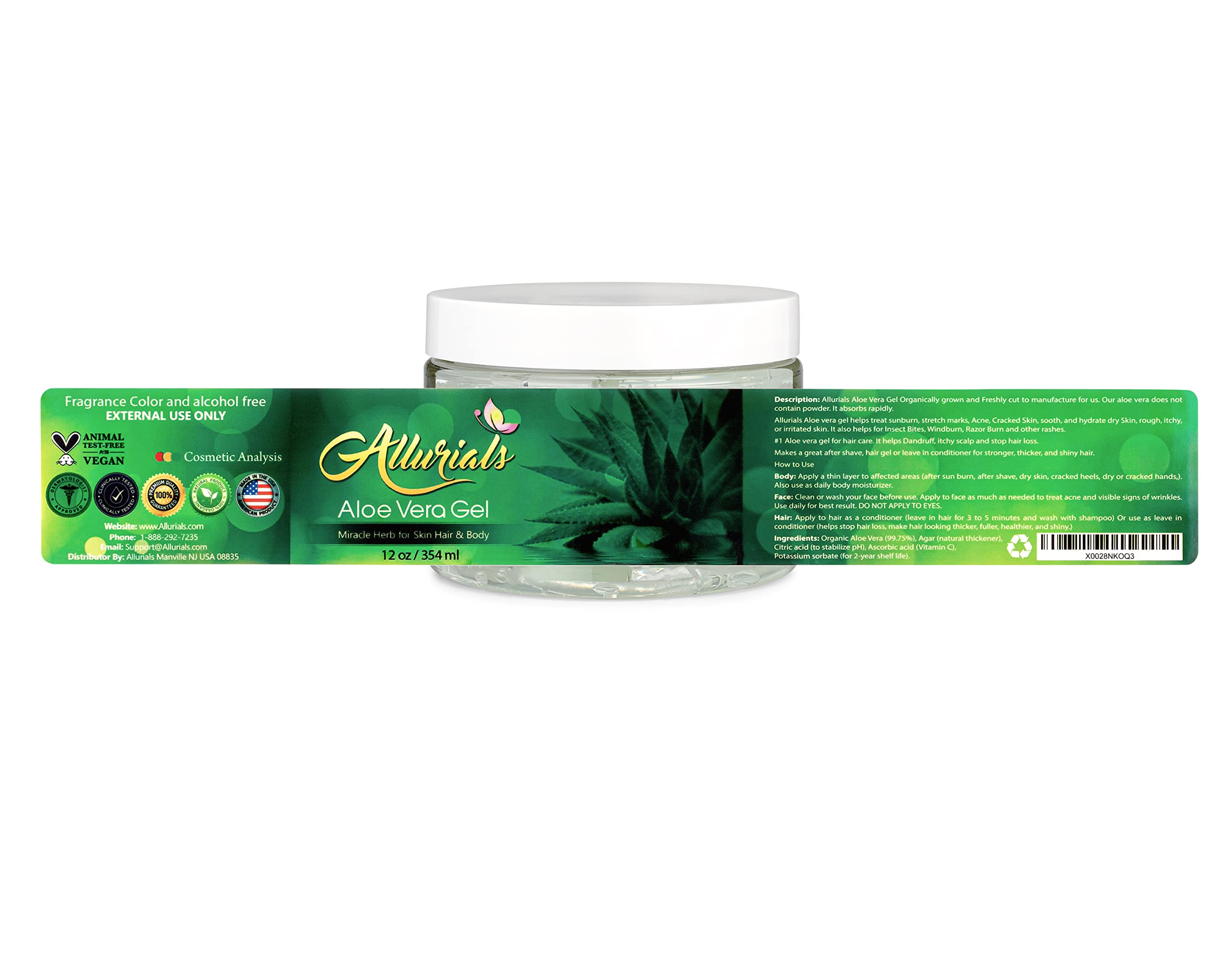 Allurials Aloe Vera Gel packaging displays cruelty-free and ethical branding.