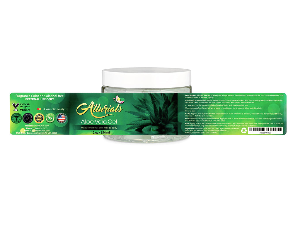 Allurials Aloe Vera Gel packaging displays cruelty-free and ethical branding.