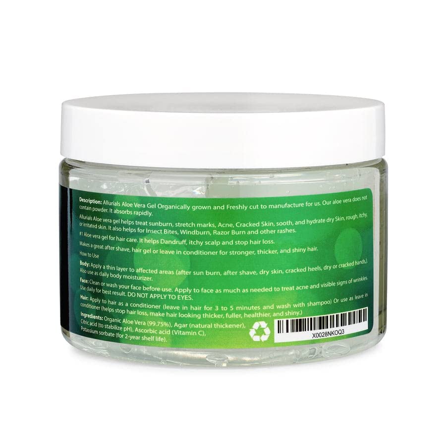 Allurials Aloe Vera Gel packaging emphasizes eco-friendly, recyclable materials.