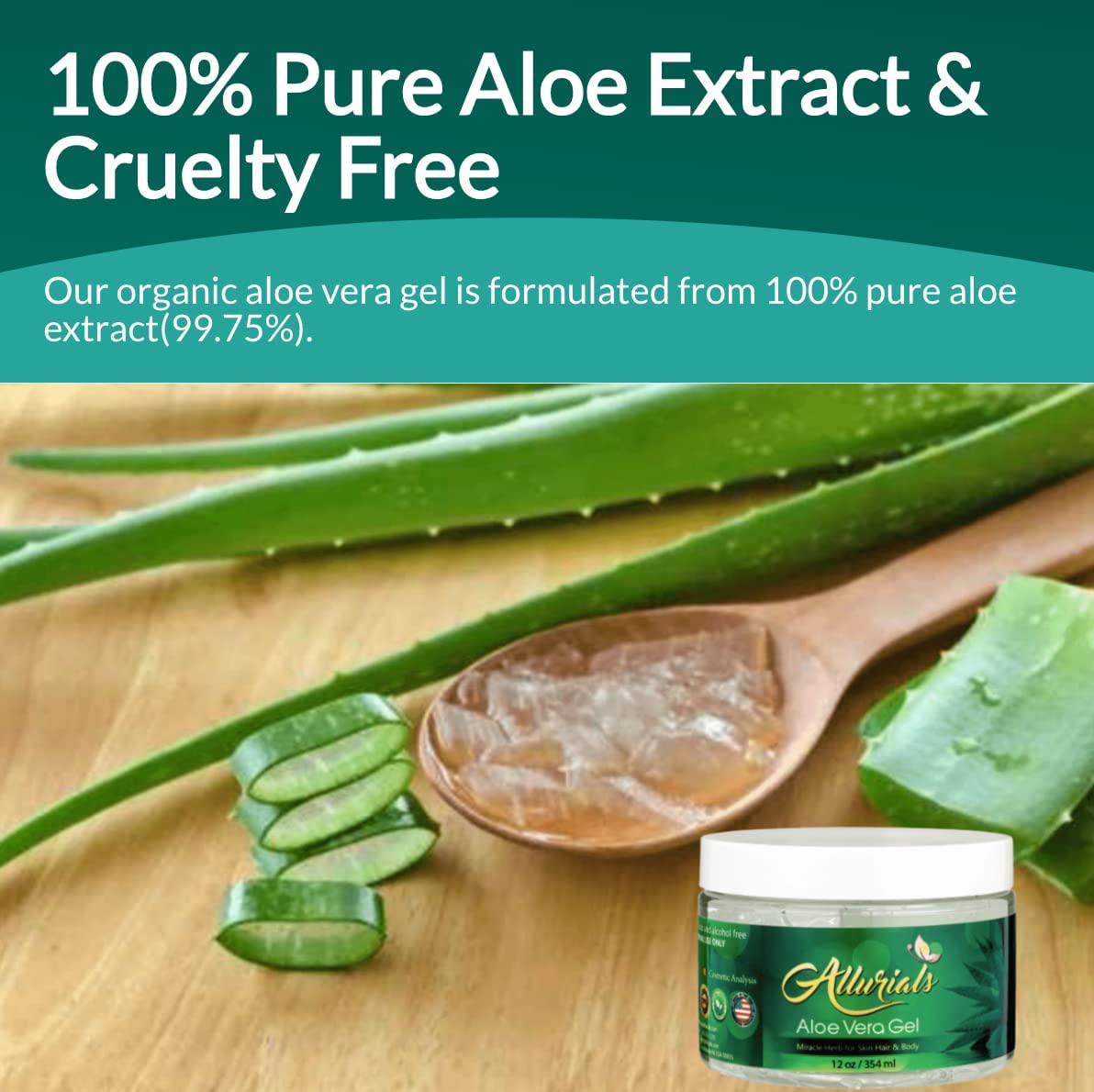 Allurials Aloe Vera Gel applied to skin for calm, hydrated, soft feel.