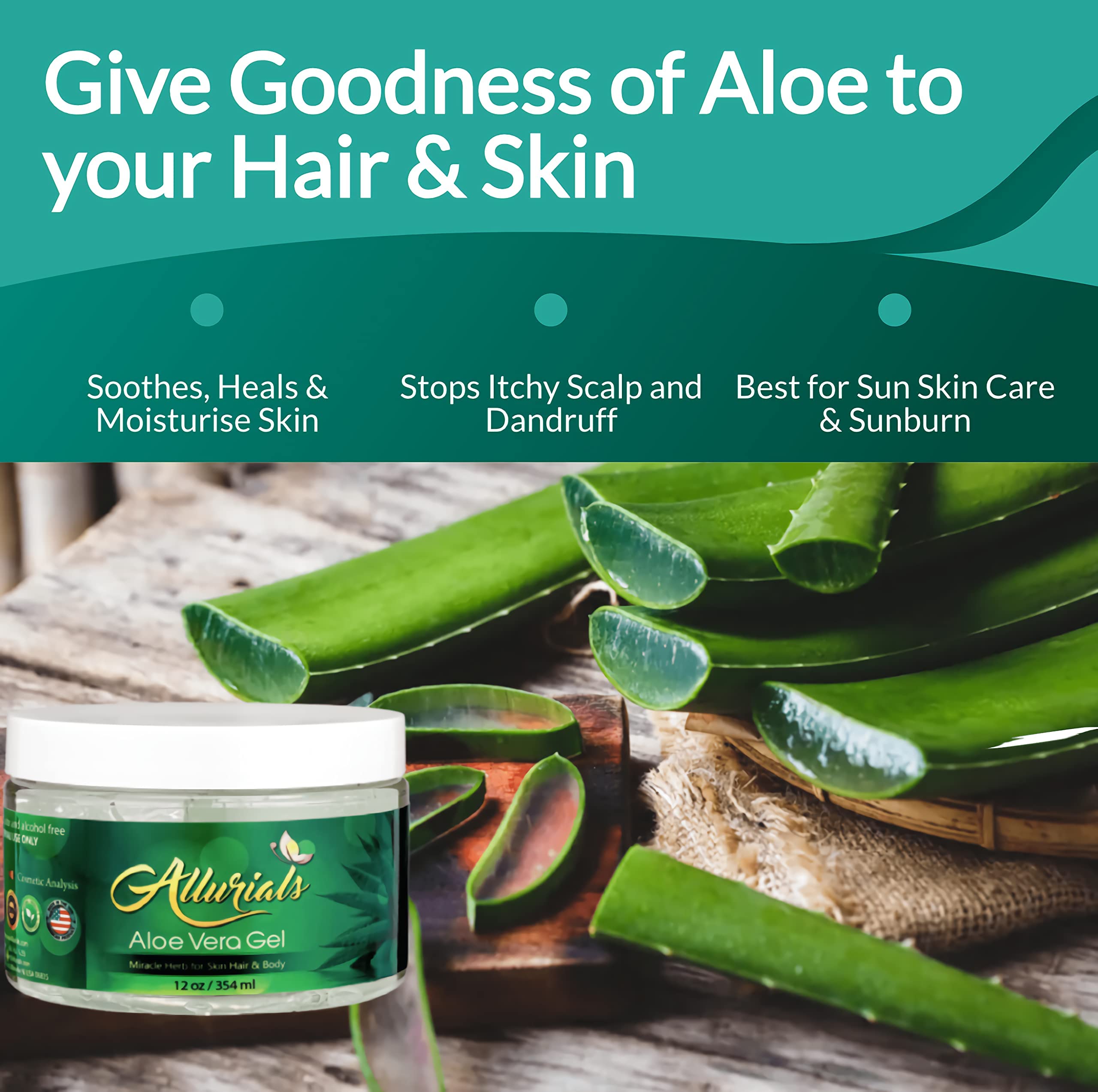 Allurials Aloe Vera Gel contains vitamins A, C, E for antioxidant skin support.