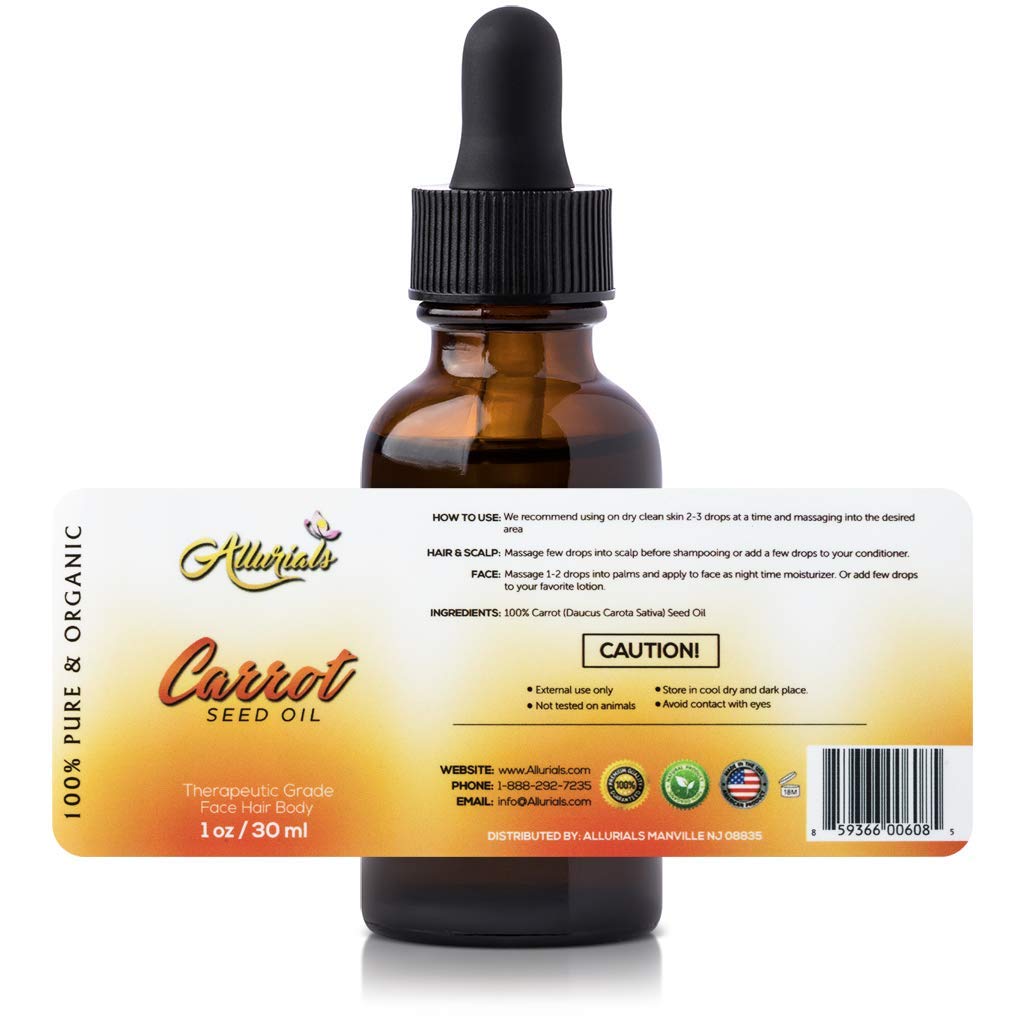 Allurials carrot seed oil ingredients page emphasizing pure organic oil.
