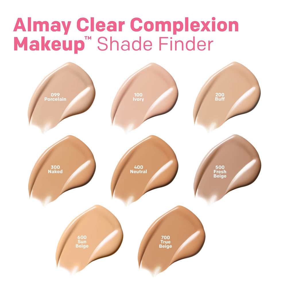 Almay Clear Complexion bottle highlights prebiotics and aloe vera for balanced, hydrated skin.