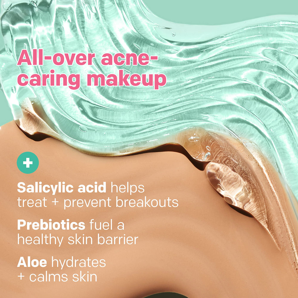Almay Clear Complexion foundation close-up emphasizes 1% salicylic acid benefits for acne-prone skin.