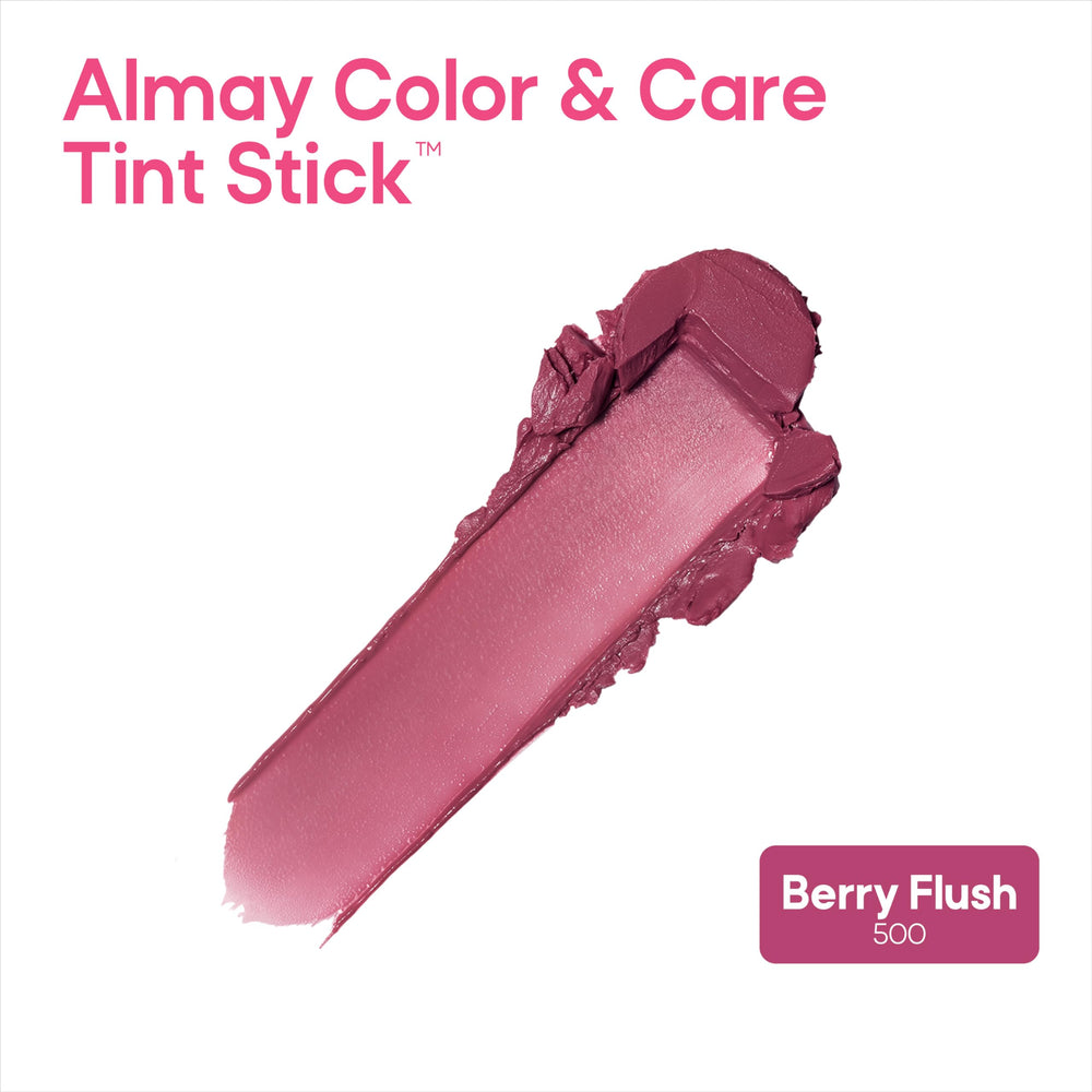 Almay Color & Care Tint Stick application closeup shows precise blend for lips and cheeks.