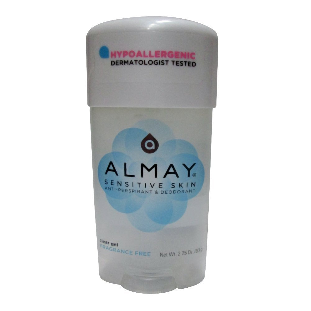Almay fragrance-free clear gel deodorant bottle showing smooth, invisible application for sensitive skin