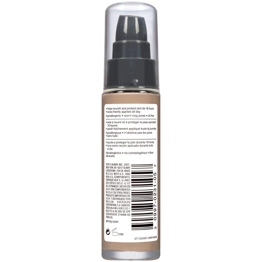 Almay Liquid Foundation dermatologist-tested label—hypoallergenic, cruelty-free credentials.