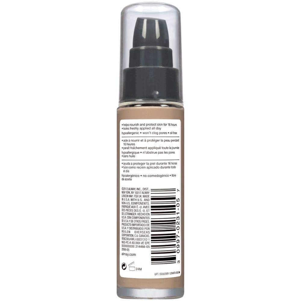 Almay Liquid Foundation dermatologist-tested label—hypoallergenic, cruelty-free credentials.