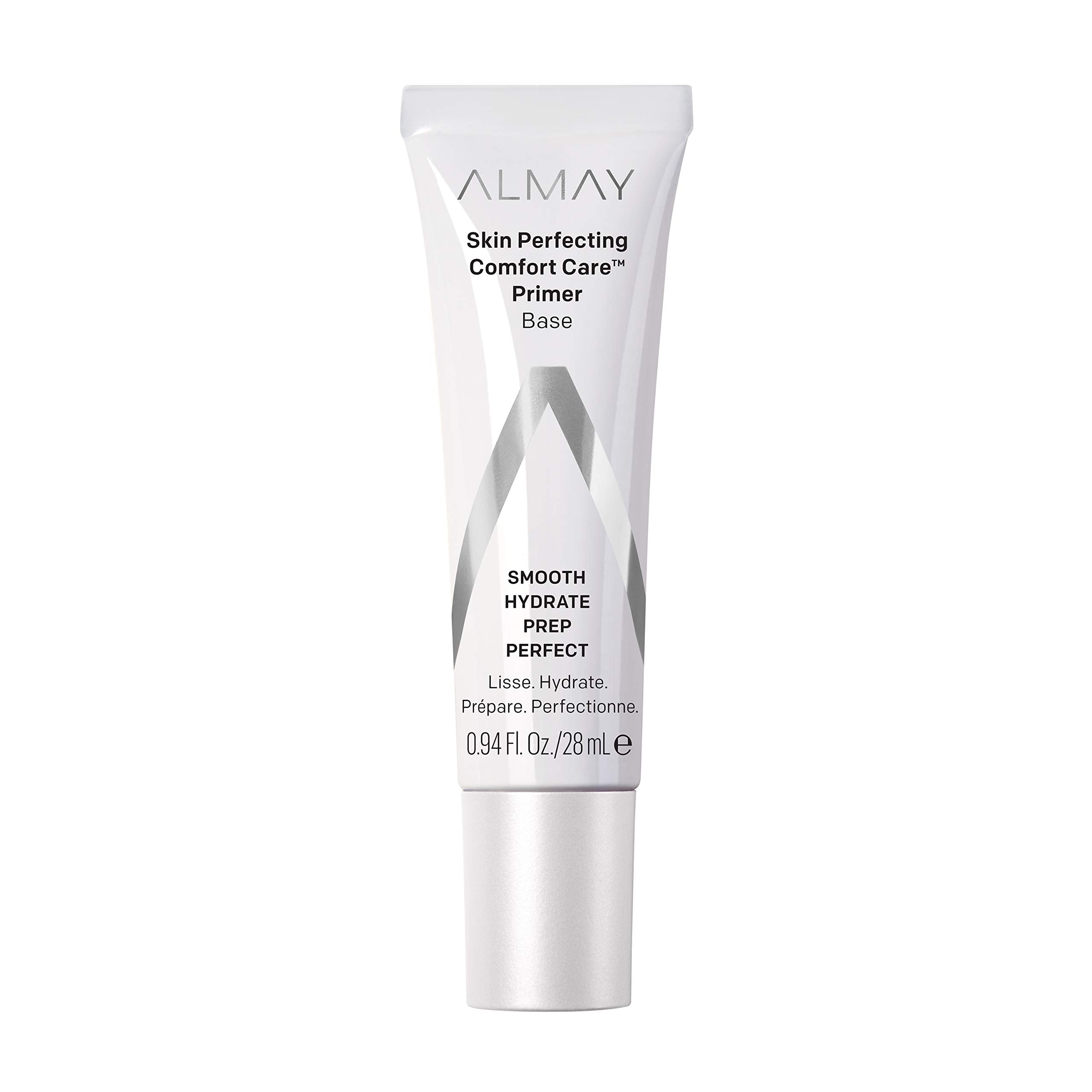 Almay Skin Perfecting Primer tube close-up with sheer pink formula for smoothing.