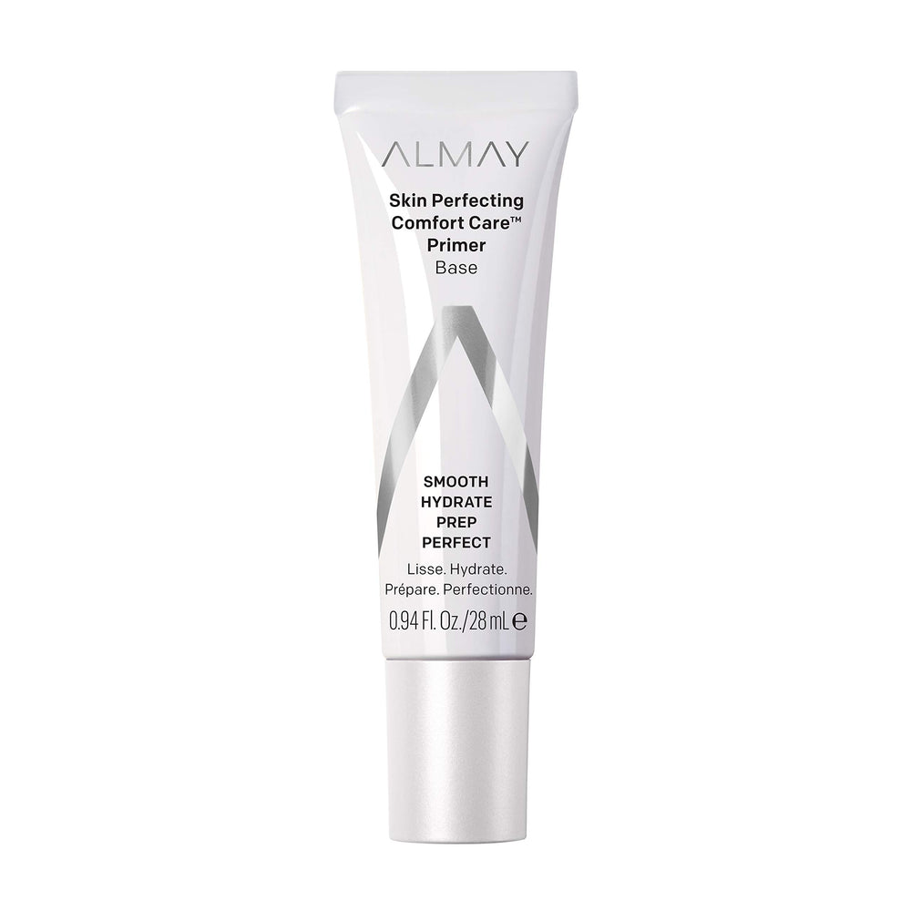 Almay Skin Perfecting Primer tube close-up with sheer pink formula for smoothing.