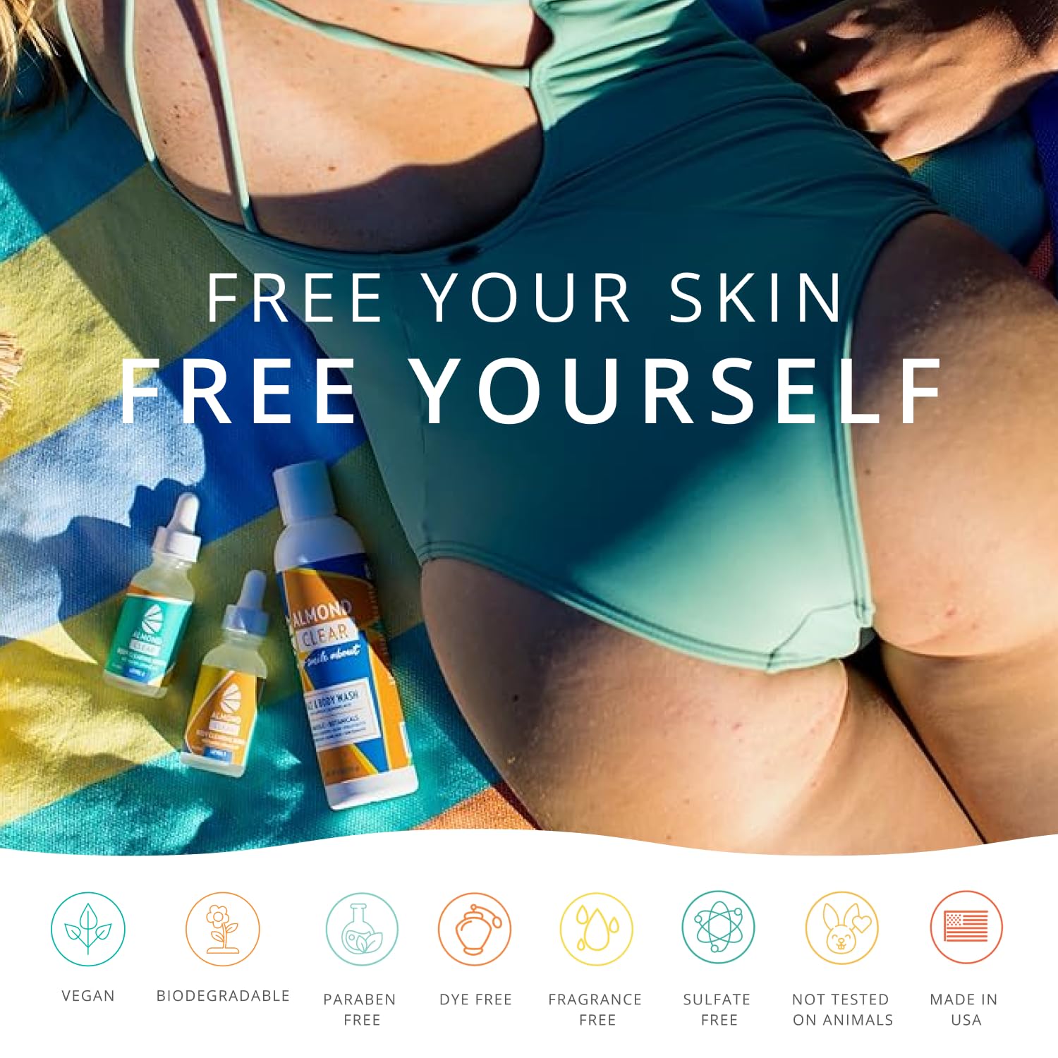 Almond Clear 1oz travel-ready packaging for on-the-go body acne care.