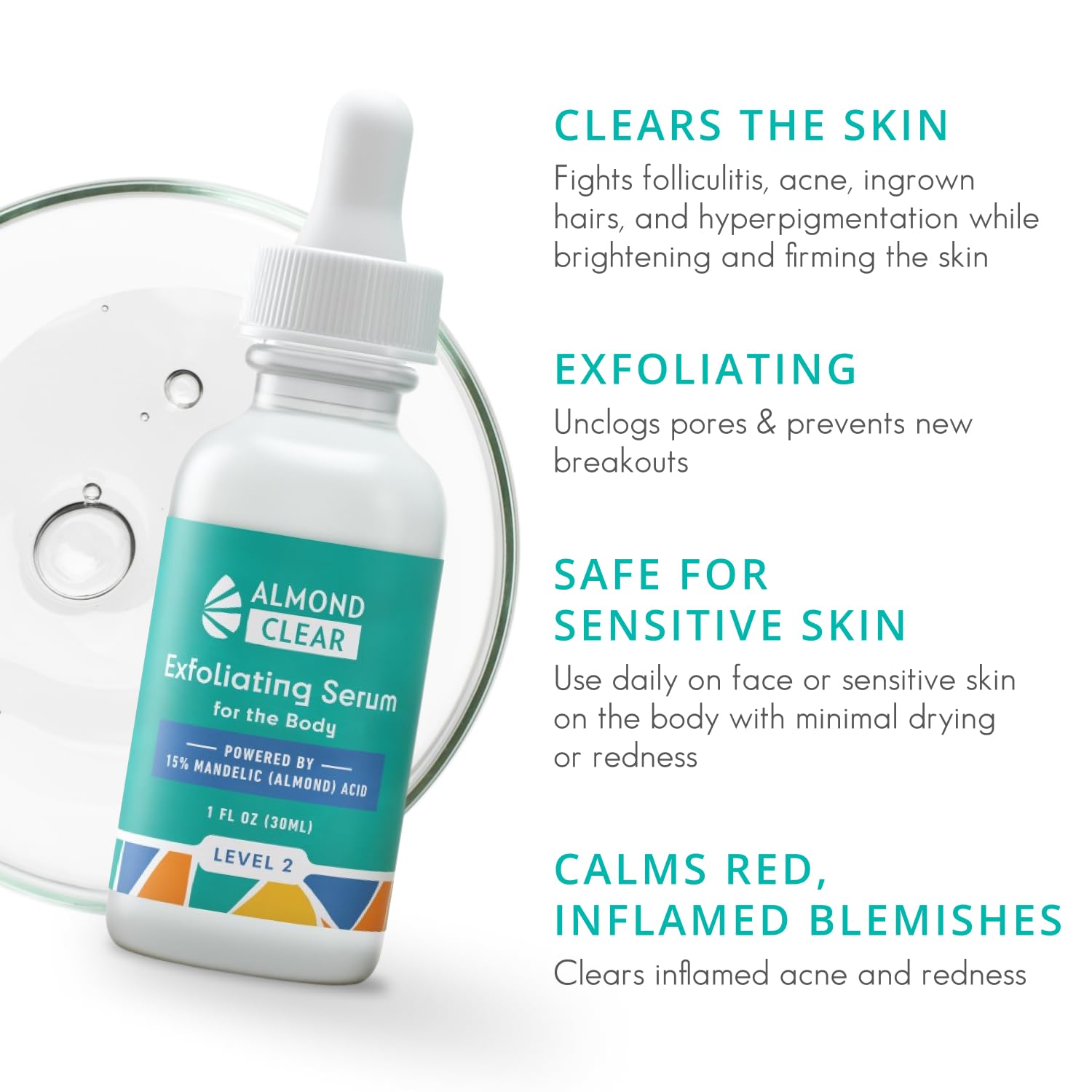 Almond Clear Body Clearing Serum pump-dispense close-up for mess-free daily use.