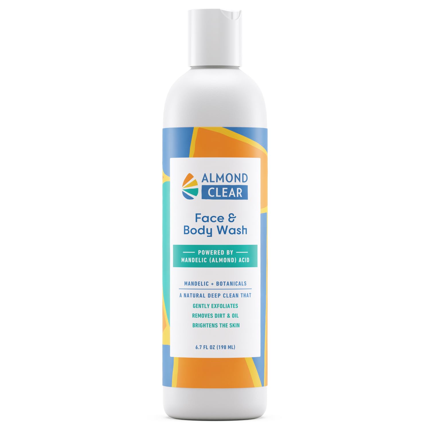 Almond Clear face & body wash bottle front showing clear gel for daily acne-prone skin.