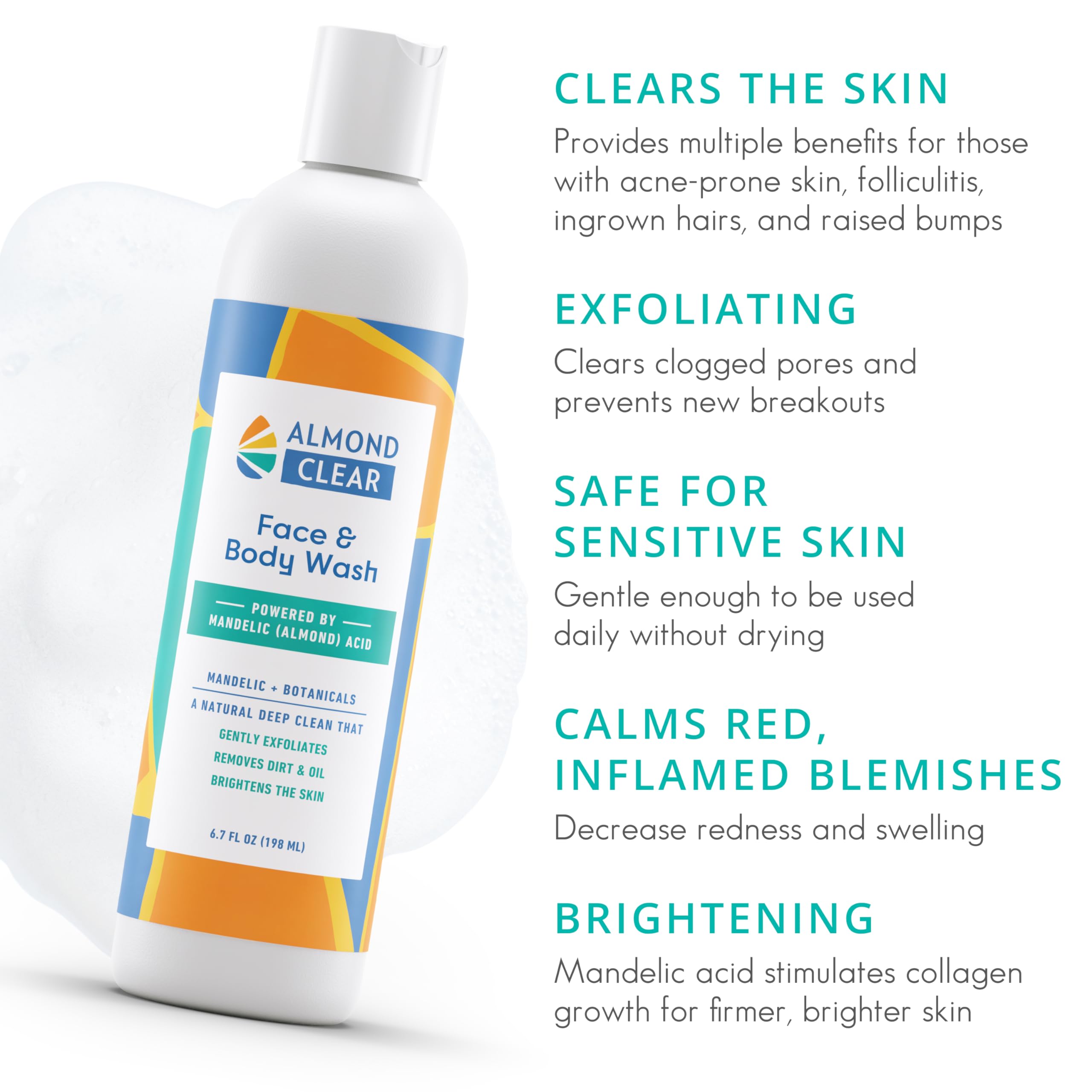 Almond Clear face & body wash gel texture close-up highlighting mandelic acid exfoliation.