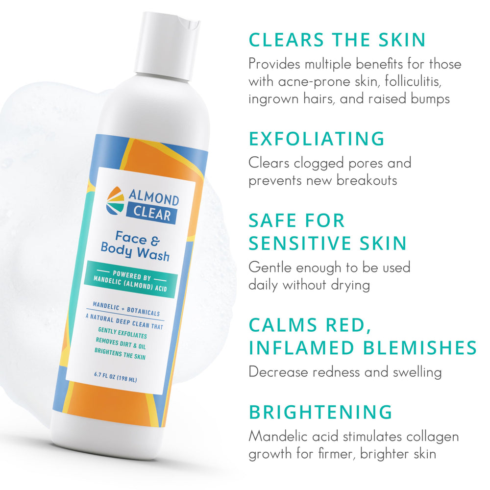 Almond Clear face & body wash gel texture close-up highlighting mandelic acid exfoliation.