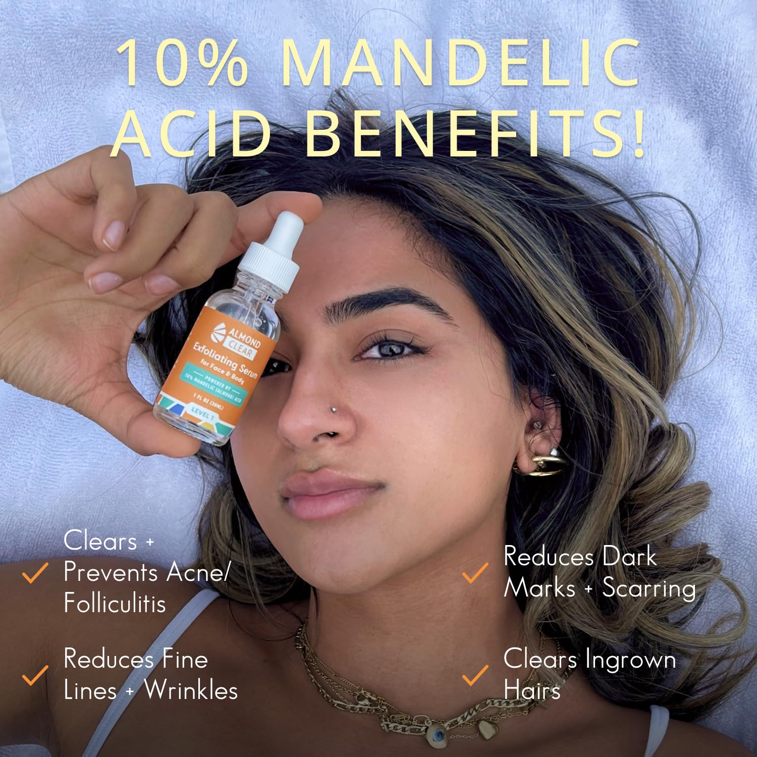 Almond Clear face body application shows versatile use across acne and body areas.