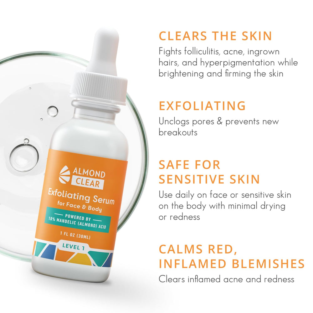 Almond Clear texture closeup highlights velvety serum that exfoliates and clarifies pores.
