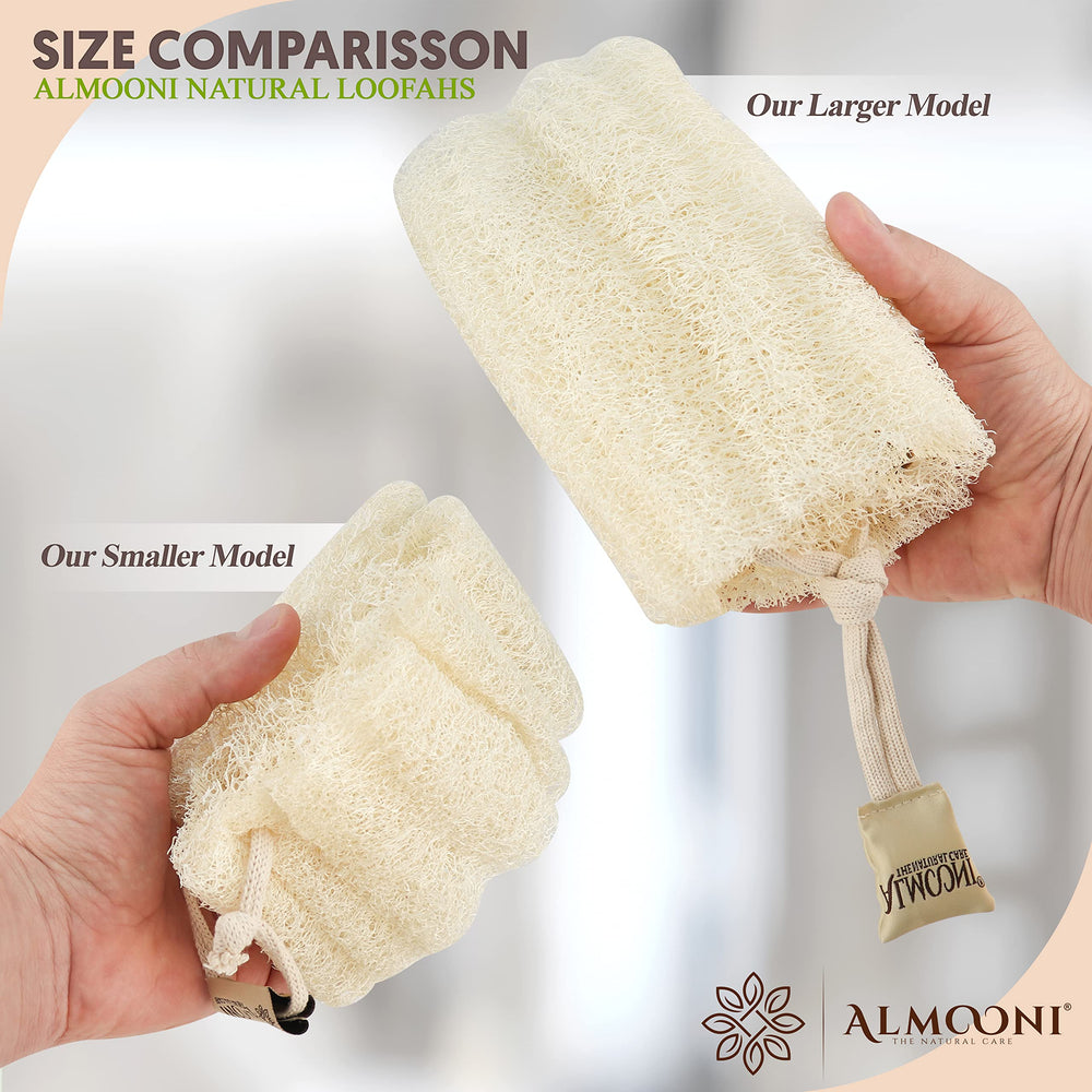 ALMOONI 3-pack shower loofah set on bathroom shelf.