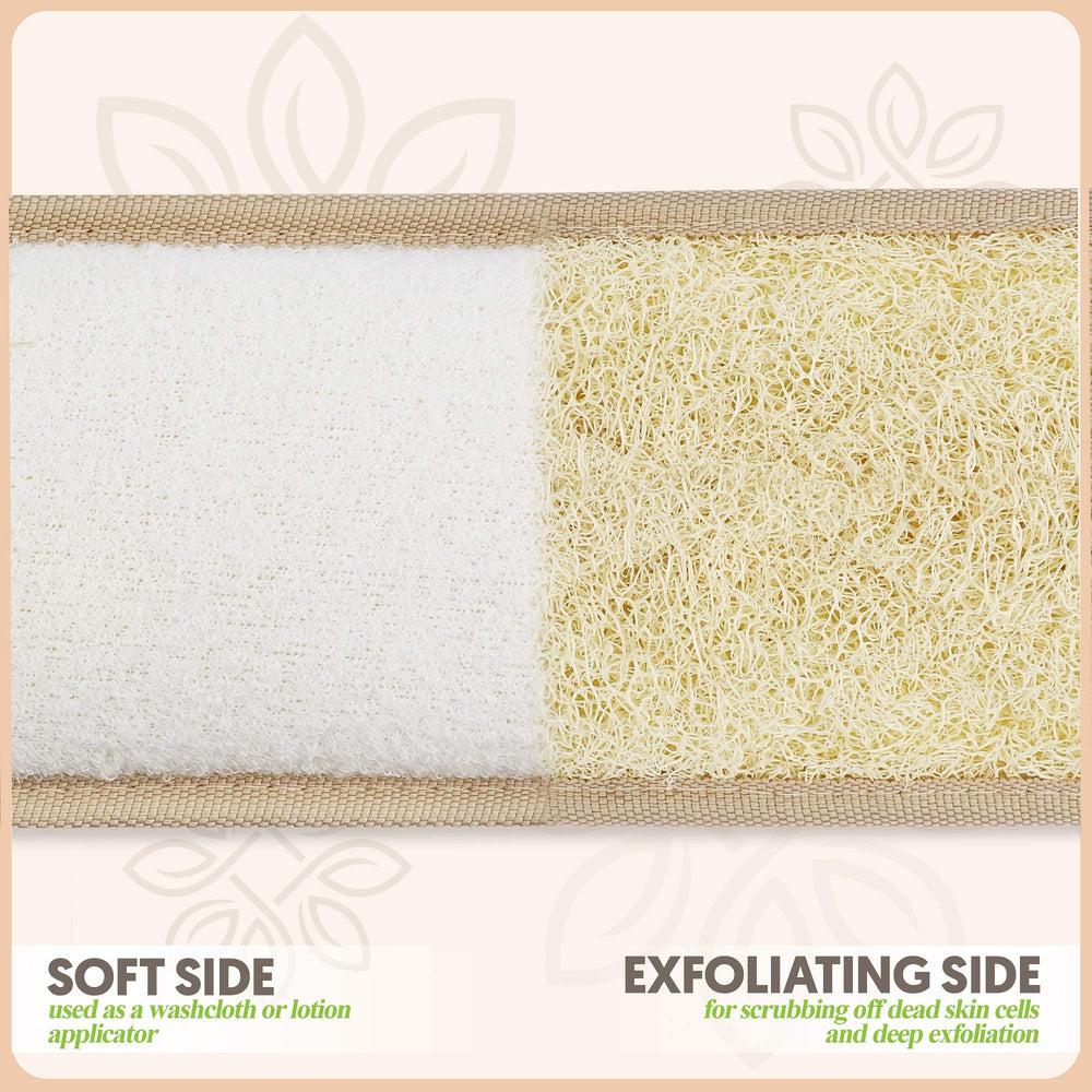 ALMOONI bendable loofah back-scrubber hugs contours for full back coverage.