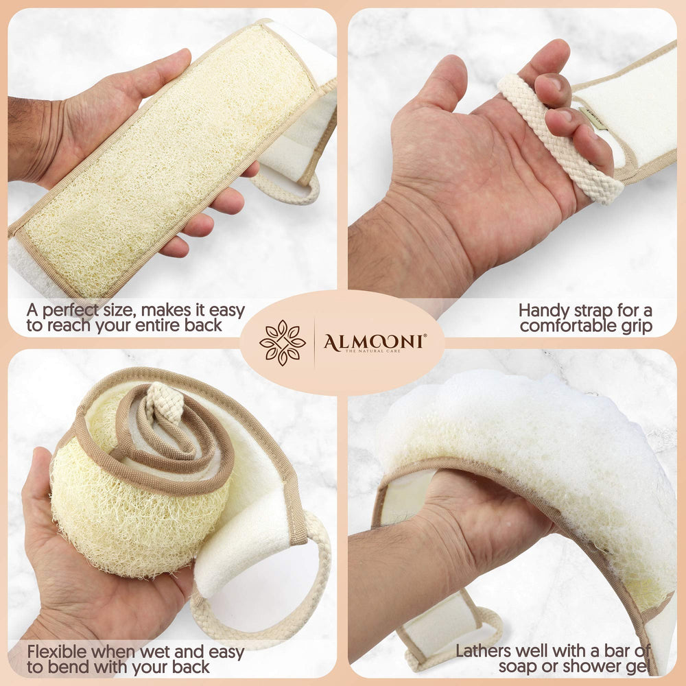 ALMOONI back scrubber soft terry cloth reverse helps remove oils and dirt after exfoliation.