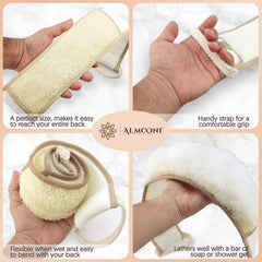 ALMOONI back scrubber soft terry cloth reverse helps remove oils and dirt after exfoliation.