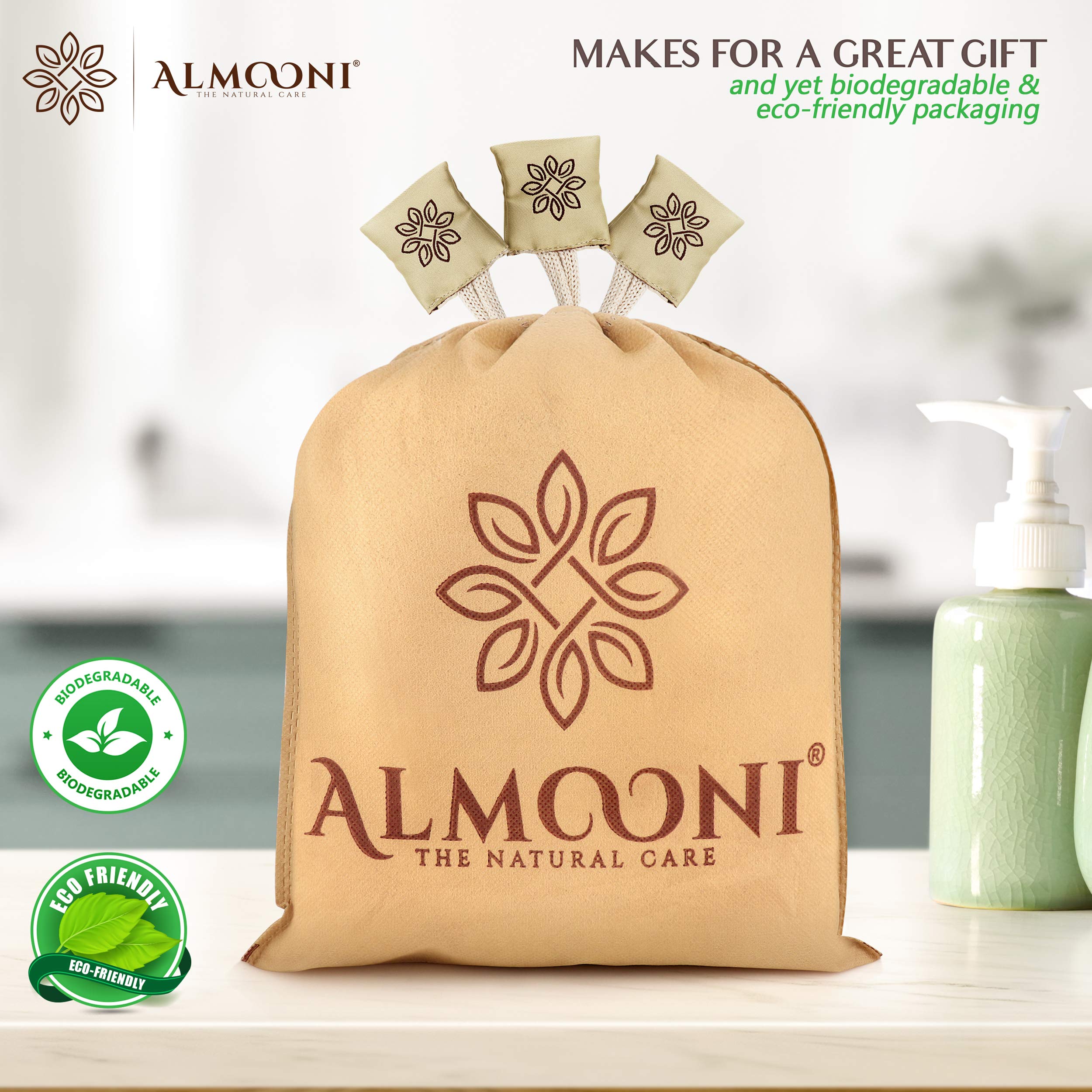 ALMOONI body scrubber in use for relaxing cleansing routine.