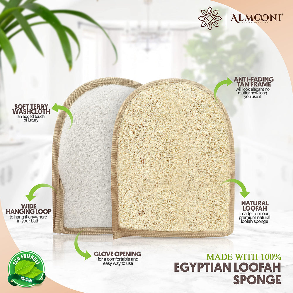 ALMOONI loofah glove on hand shows easy grip for thorough cleansing