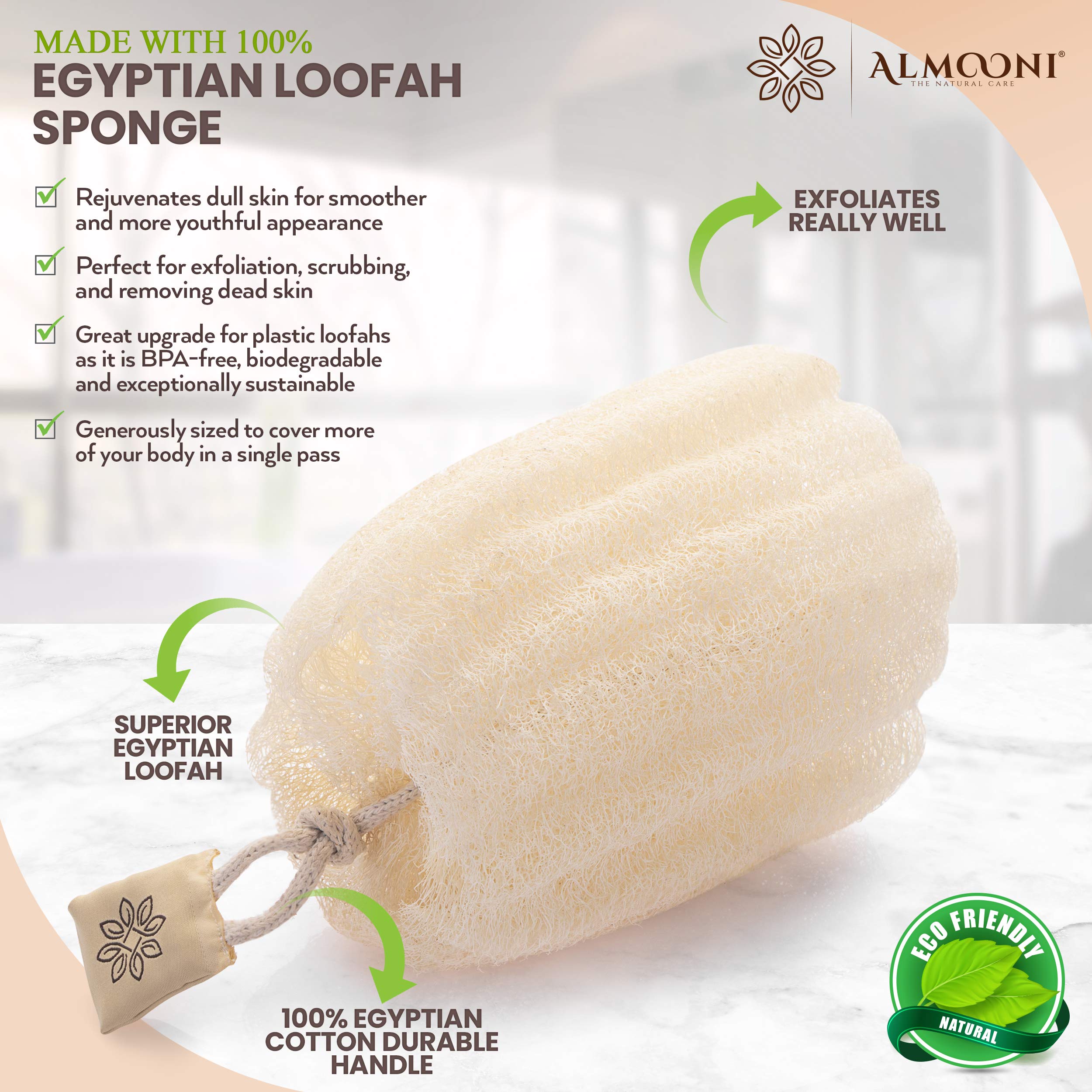 ALMOONI loofah sponge grain texture for thorough lather and cleansing.