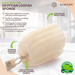 ALMOONI loofah sponge grain texture for thorough lather and cleansing.