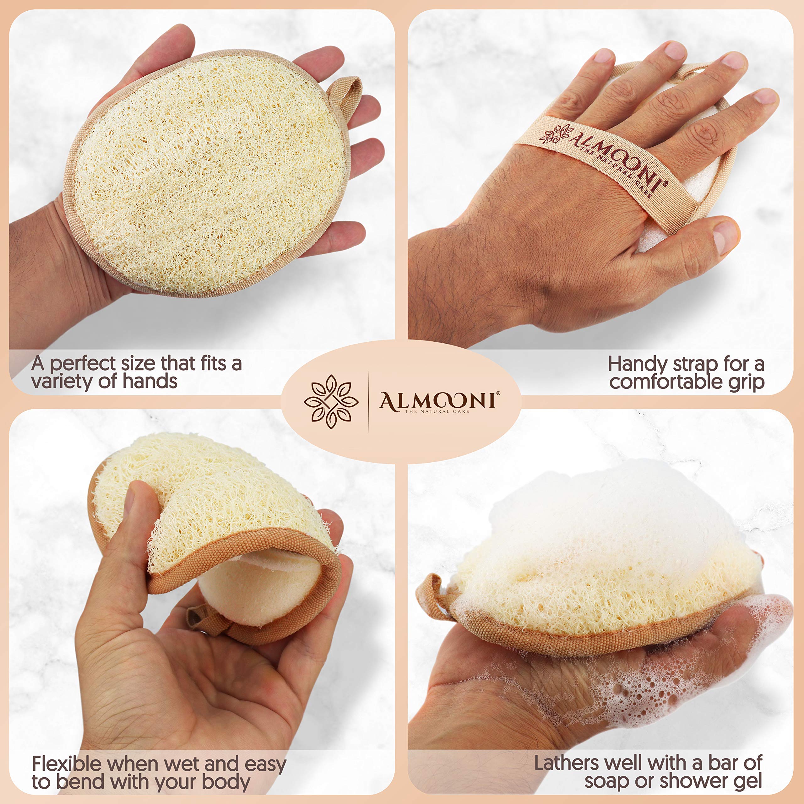 ALMOONI loofah sponge with hand strap for easy grip and control