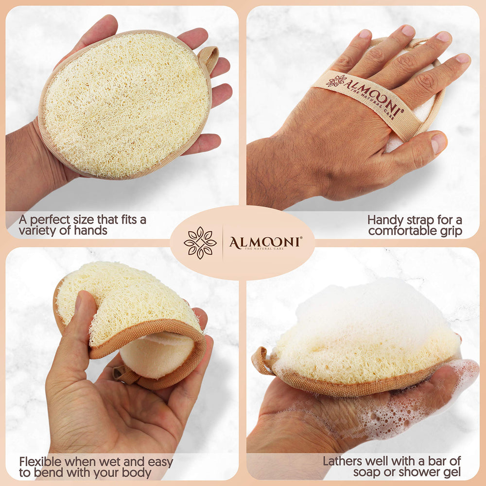 ALMOONI loofah sponge with hand strap for easy grip and control