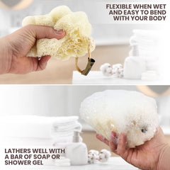 ALMOONI mini loofah in hand demonstrates perfect grip.