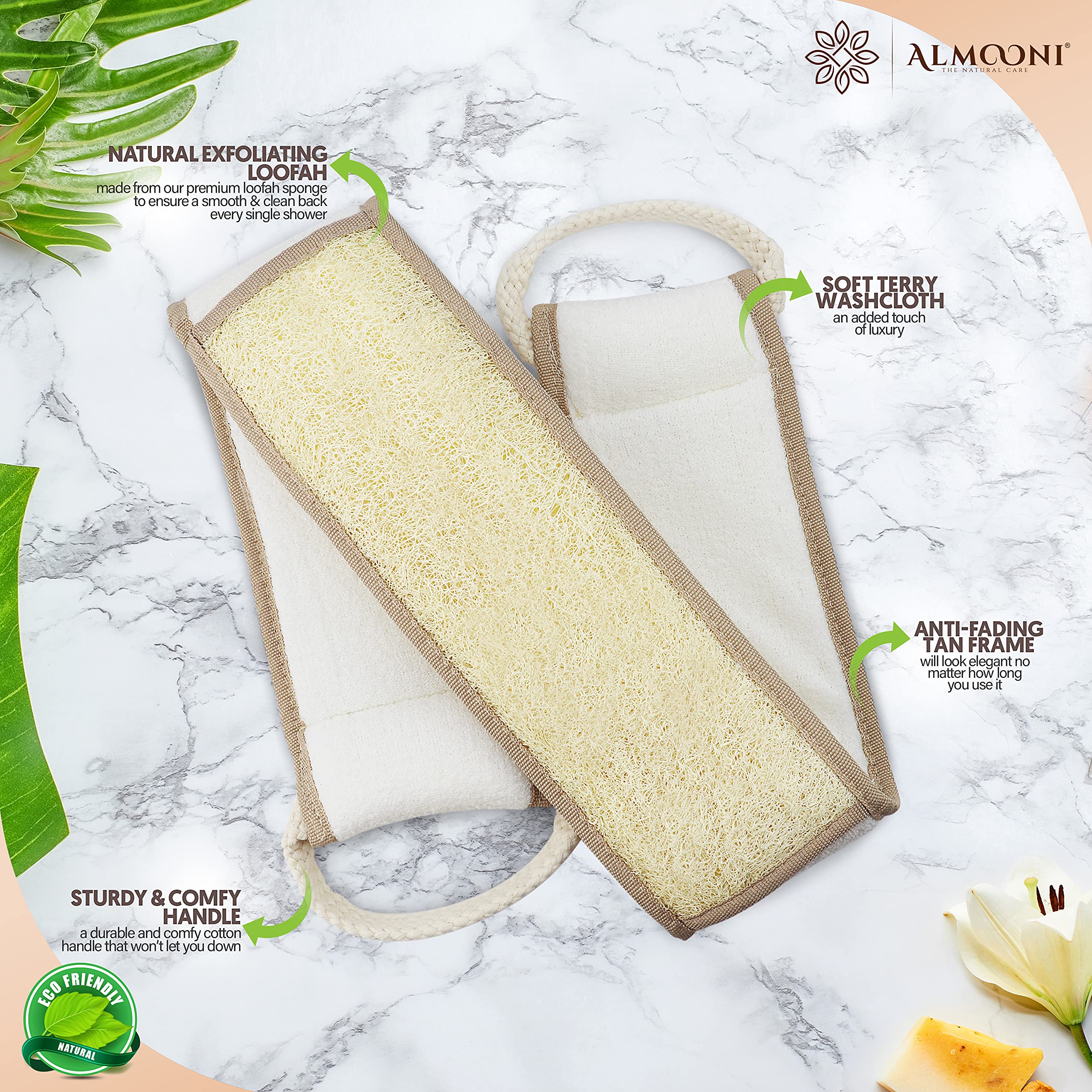 ALMOONI natural loofah back scrubber flexible design contours to your back for thorough cleansing.