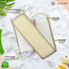 ALMOONI natural loofah back scrubber flexible design contours to your back for thorough cleansing.
