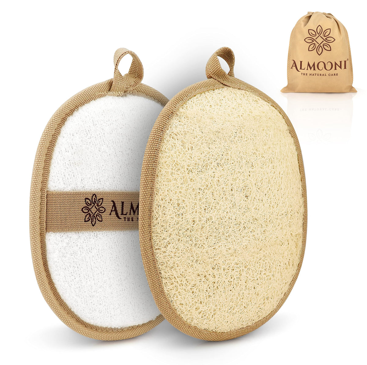ALMOONI loofah front view shows textured surface for gentle body exfoliation