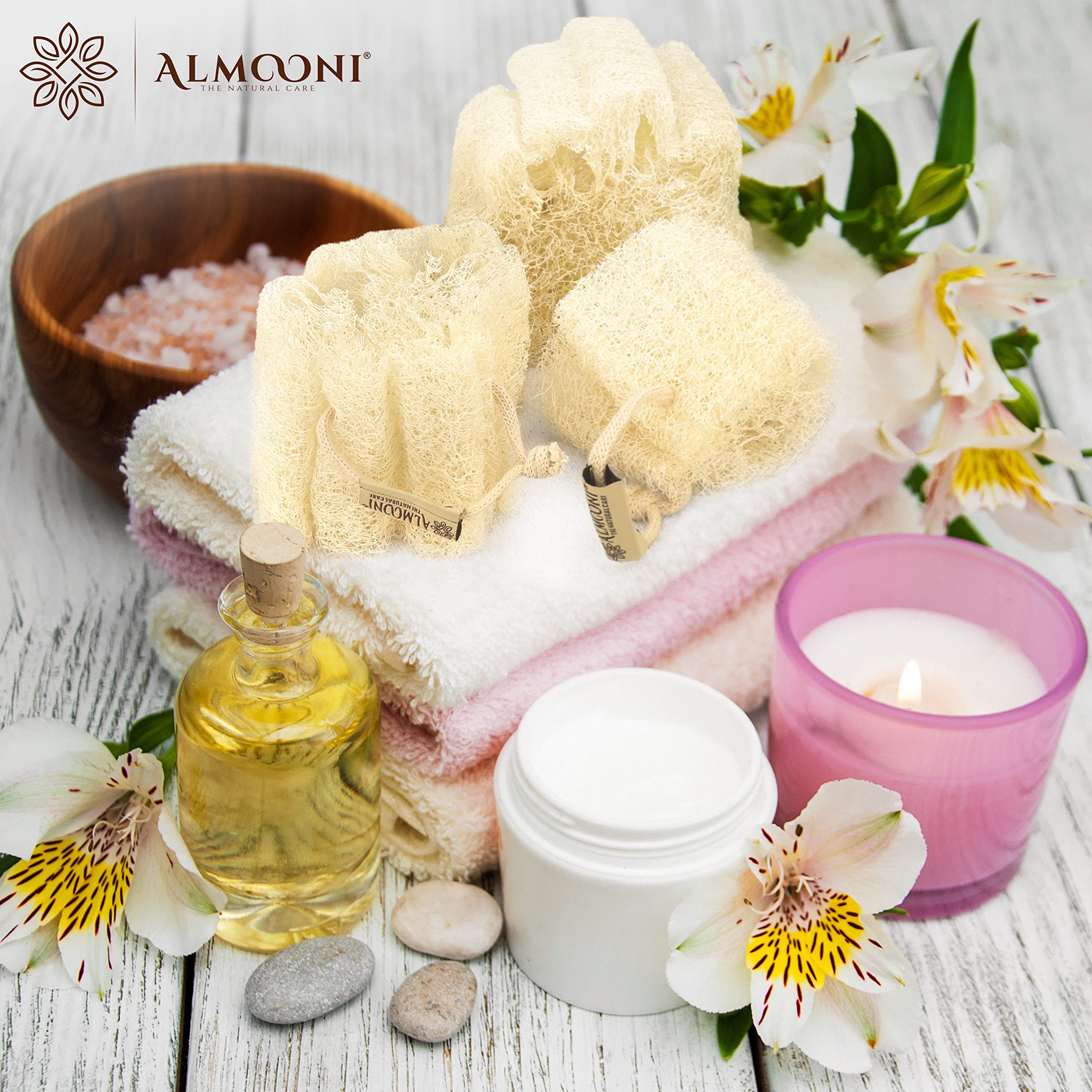 ALMOONI no dyes plastic-free loofah for sensitive skin.