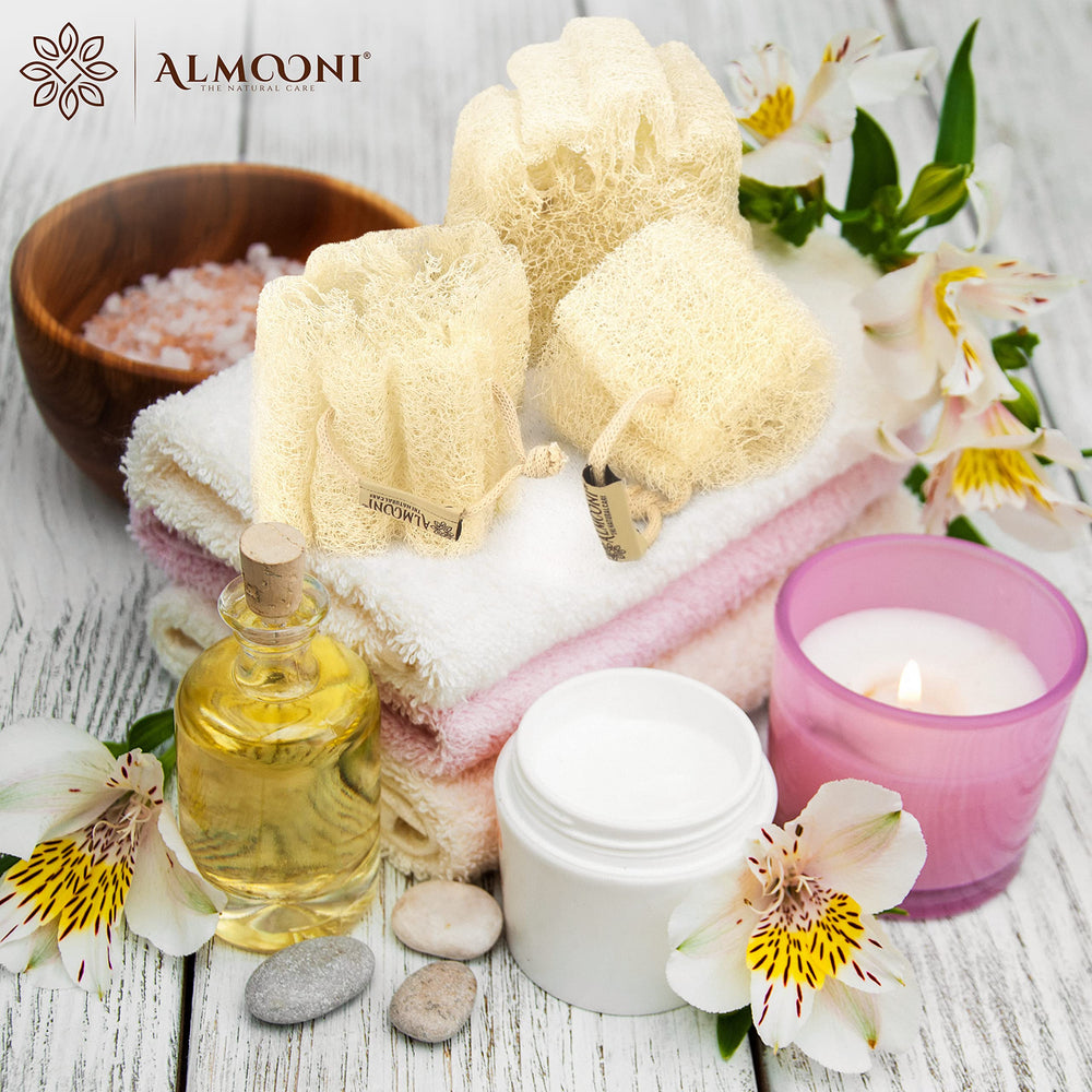 ALMOONI no dyes plastic-free loofah for sensitive skin.