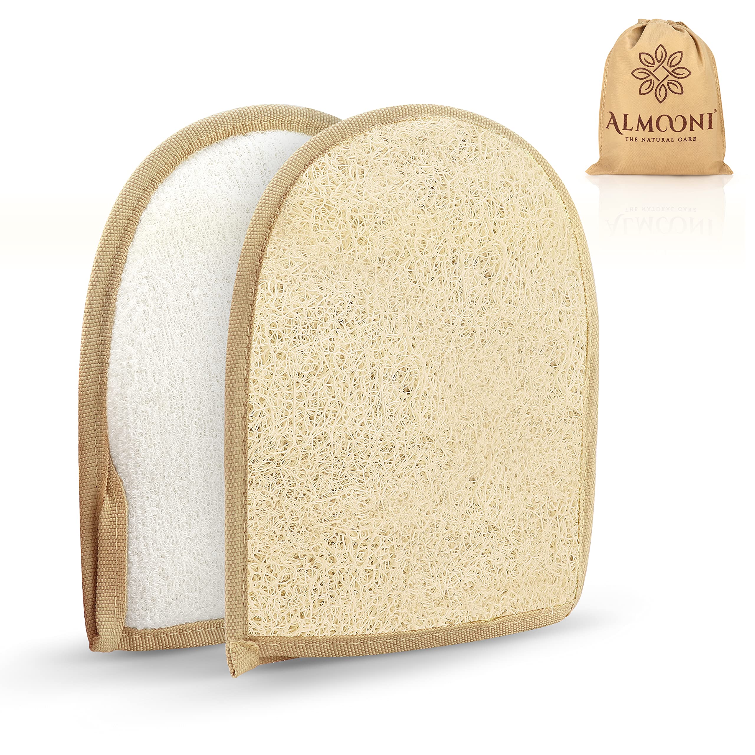 ALMOONI premium exfoliating loofah glove packing highlights gift-ready eco packaging